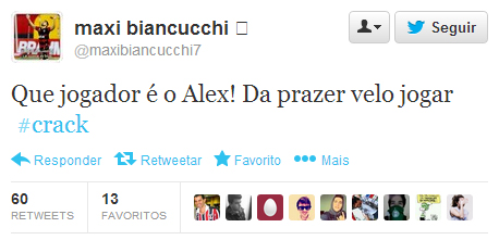 Mesmo com Alex tirando a vitória dos baianos, Maxi elogiou o meia na internet (Imagem: Reprodução/Twitter)