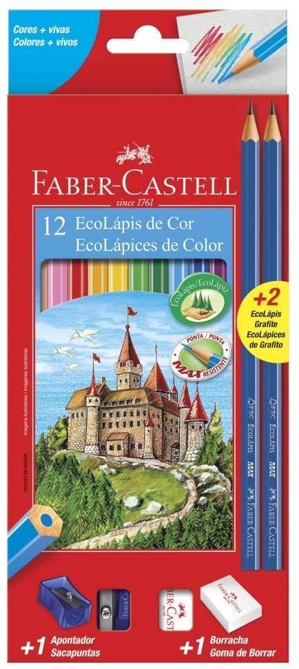 Kit Escolar Lápis de Cor Sextavado + 2 Lápis Max + Apontador + Borracha, Faber-Castell, 12 Cores
