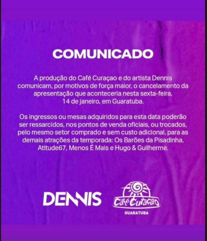 Dennis DJ cancela show em Guaratuba por "motivos de força maior" Dennis DJ cancela show em Guaratuba por "motivos de força maior"