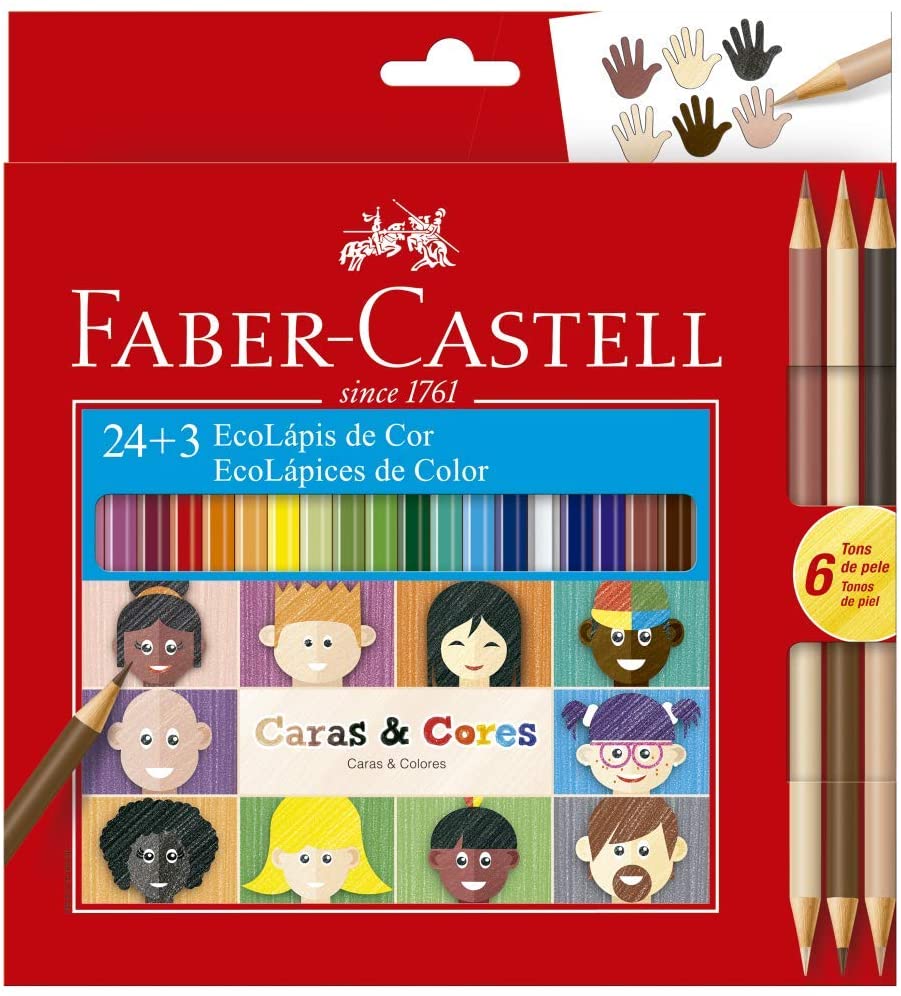Lápis de Cor, Faber-Castell, Ecolápis Caras & Cores, 120124CC, 24 Cores + 3 Tons de Pele