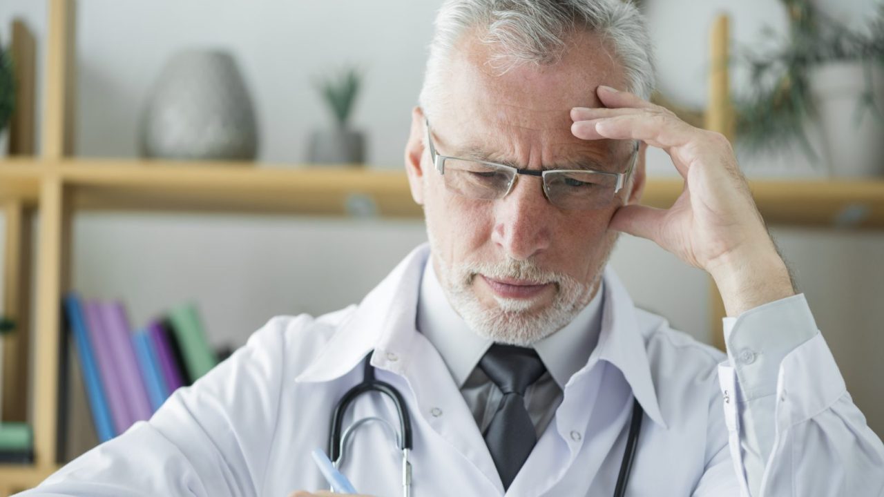 senior-doctor-thinking-writing-office
