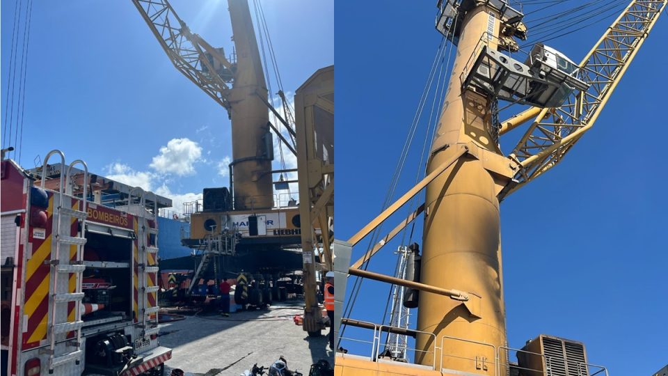 Guindaste pega fogo no Porto de Paranaguá e operador fica preso a 15 metros de altura
