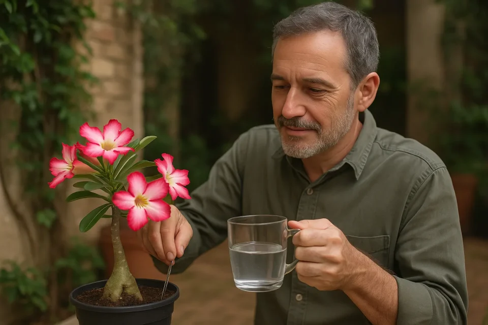 Rosa-do-deserto floresce mais quando você faz esse truque com bicarbonato e água morna