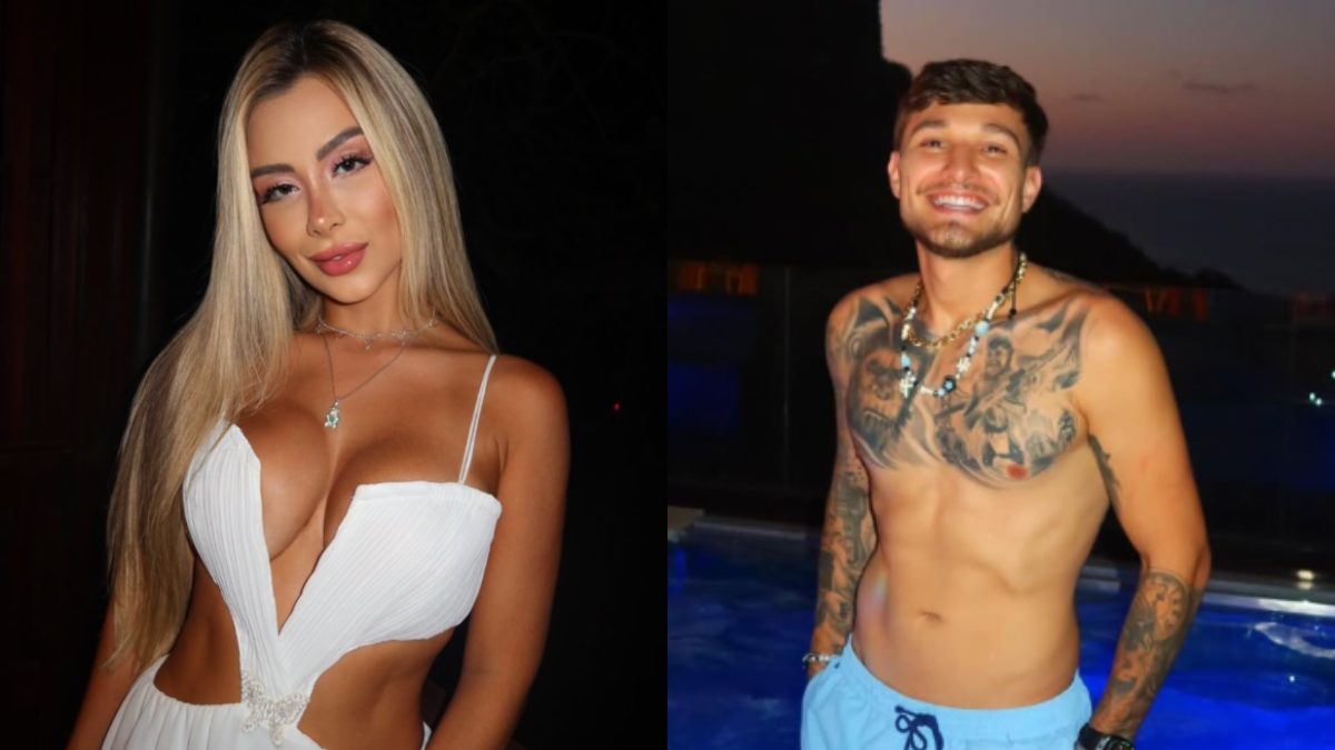 À esquerda, Georgia Azevedo, uma mulher branca e loira usando um vestido branco. À direita, MC Gui, um homem branco de cabelo e barba pretos, sem camisa e de bermuda azul clara. Georgia acusou MC Gui de ter pedido R$ 70 mil para pagar dívida de jogo.