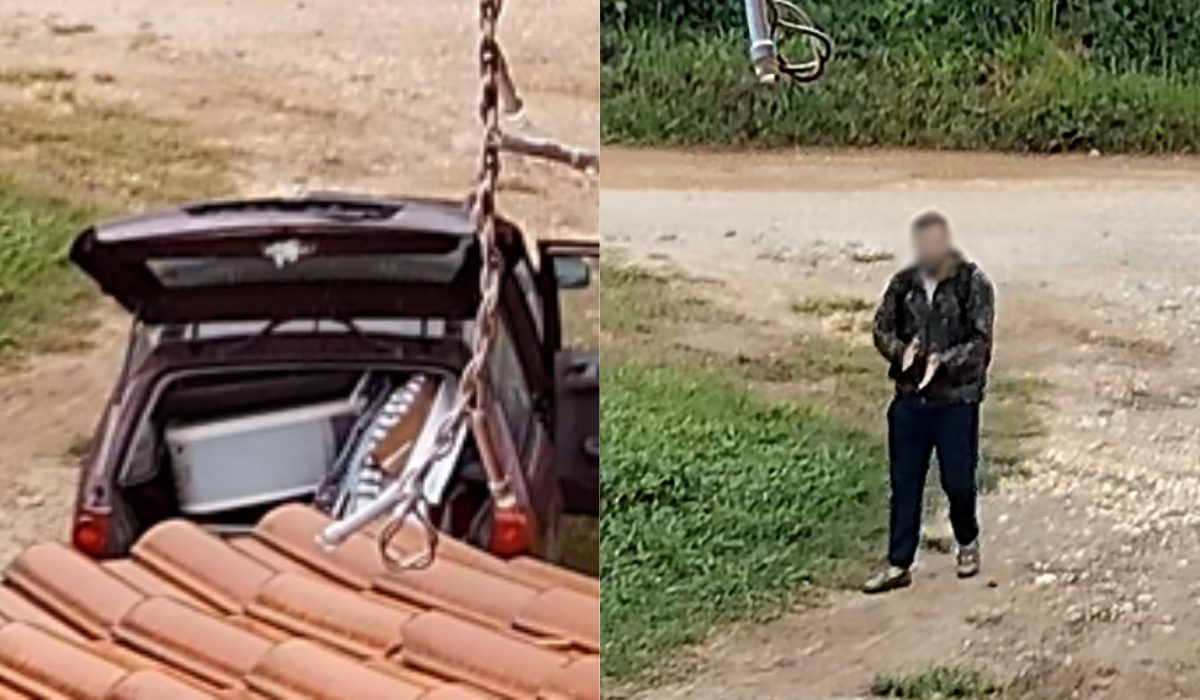 Foto montagem com duas imagens. A primeira foto aparece o carro dos homens cheio de itens após o assalto em Colombo. Segundo imagem mostra um dos suspeitos chegando a pé no local.