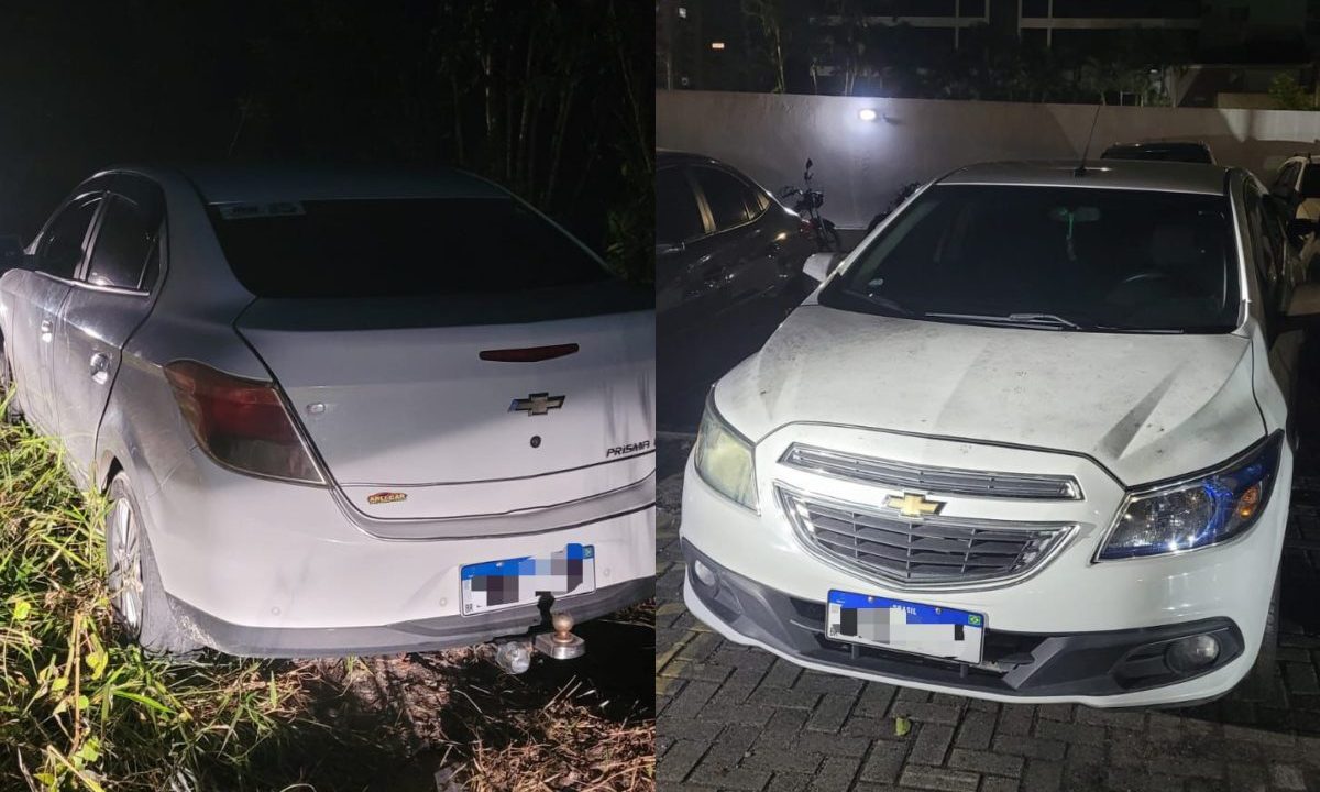 Colagem de fotos mostra carro branco roubado por criminosos em um matagal