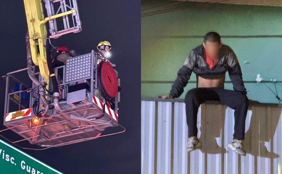 Colagem de duas fotos mostra, à esquerda, bombeiro e policial militar sobre plataforma do Corpo de Bombeiros. À direita, homem aparece sentado em cima de marquise. Ele tem cabelos quase raspados, usa calça preta e jaqueta