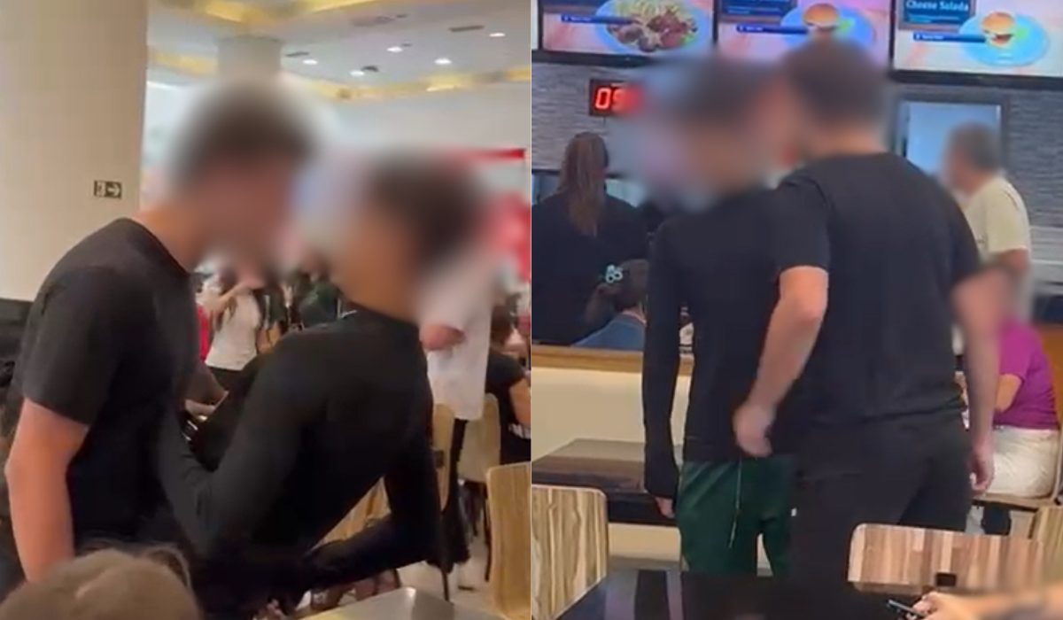 Montagem com duas fotos mostrando a briga entre adolescentes dentro de shopping em Curitiba. Primeira imagem mostra menino acuado. Segunda imagem mostra jovem pegando arma de fogo.