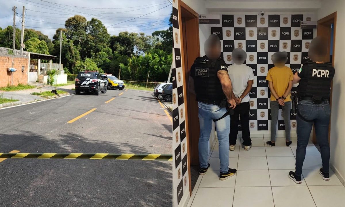 Colagem de duas fotos mostra local do crime à esquerda e casal preso à esquerda