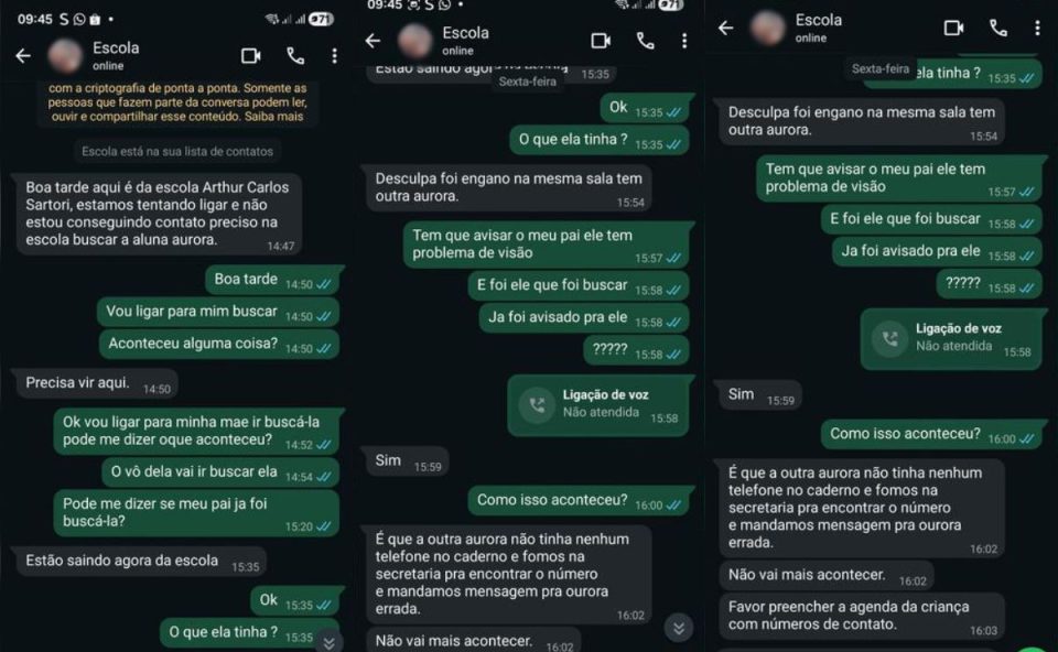prints de conversas com mãe e escola, onde criança foi levada por engano 