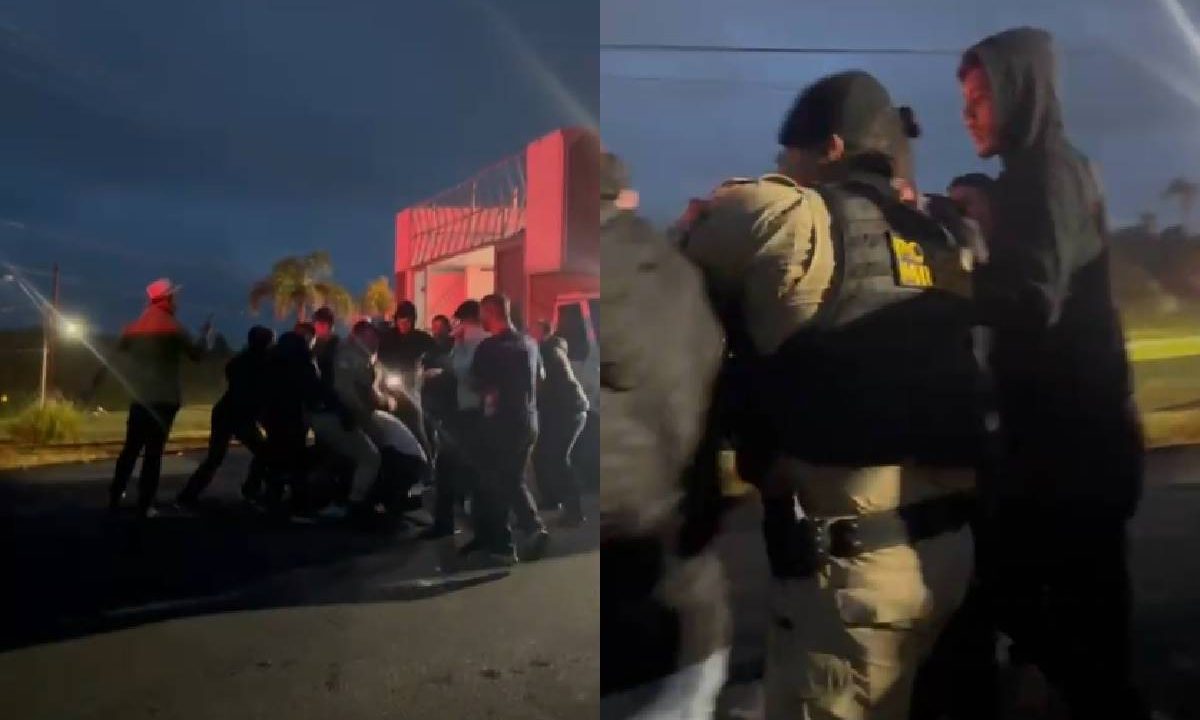 Foto da esquerda mostra um tumulto envolvendo varias pessoas e foto da direita mostra policiais militares no meio da confusão