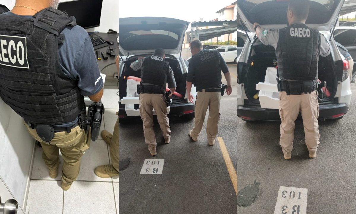 Colagem com três fotos mostra agentes do Gaeco de costas dentro de quarto de casa durante operação e manuseando porta-malas de carro durante revista