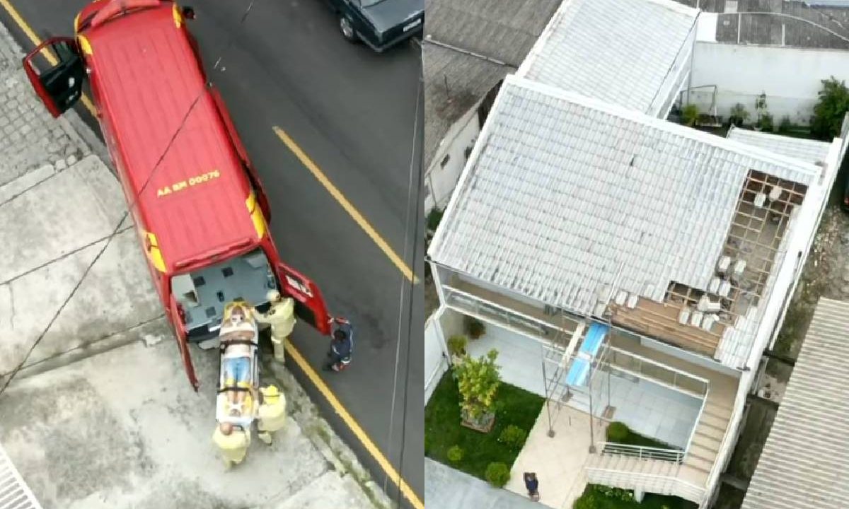 Homem cai do telhado após subir para trocar telhas danificadas durante tempestade.