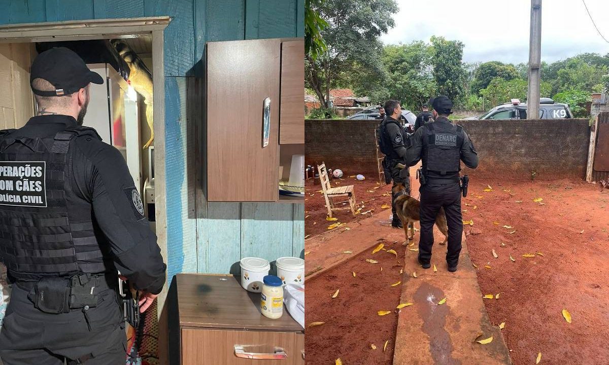 Foto a esquerda mostra policiais dentro da casa do suspeito e a direita os policiais no terreno do investigado