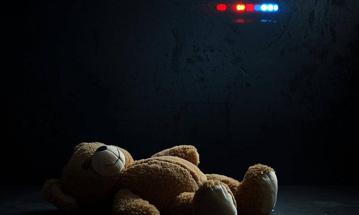 Foto mostra urso de pelúcia no chão e luzes da policiai ao fundo