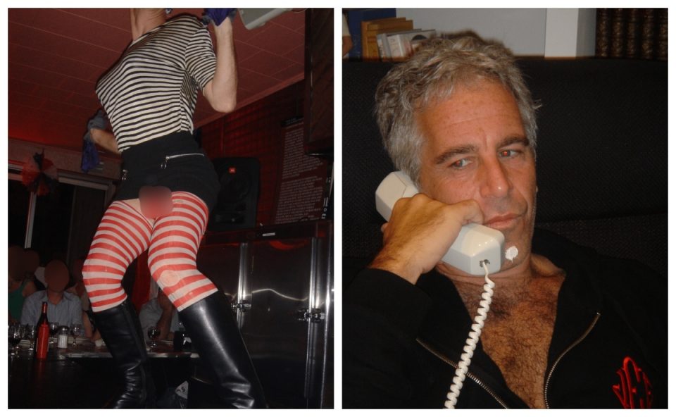 Montagem apresenta na primeira imagem um homem dançando sobre um balcão; na segunda, o criminoso sexual Jeffrey Esptein fala ao telefone