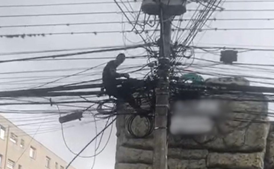 Homem furtando cabos elétricos em cima de poste 