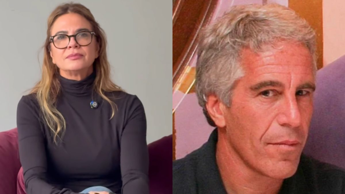 À esquerda, Luciana Gimenez, durante seu pronunciamento explicando os US$ 12 milhões que aparecem nos documentos do caso Epstein. À direita, Jefrrey Epstein.