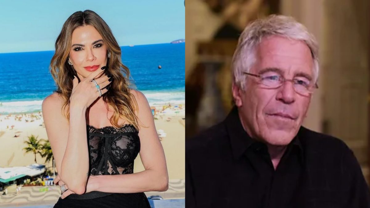 À esquerda, a apresentadora Luciana Gimenez, uma mulher branca com cabelos pretos com luzes. Ela usa um vestido preto. À direita, Jeffrey Epstein, um homem branco de cabelos grisalhos que usa um óculos de armação preta e uma camisa preta.