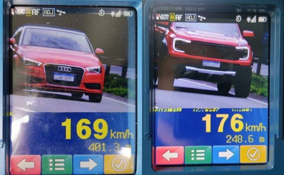 Foto a esquerda mostra um carro a 169 km/h e foto a direita mostra uma caminhonete a 176 km/h