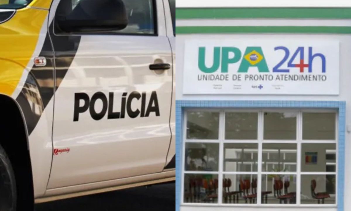 Viatura policial e fachada da UPA