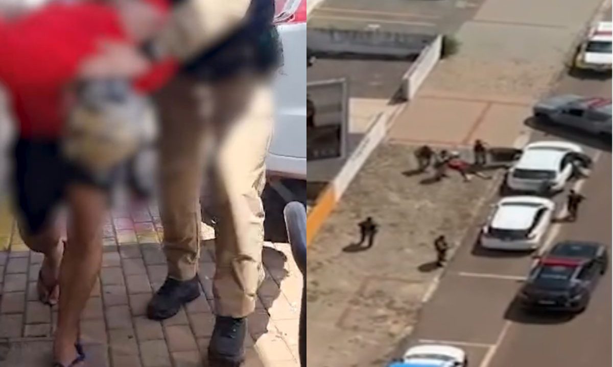 Imagem dividida em duas partes. À esquerda, um homem com o rosto desfocado é conduzido por um policial militar, em calçada de paver, ao lado de um veículo branco, durante a prisão. À direita, imagem aérea mostra policiais e viaturas durante abordagem a um suspeito em via urbana de Cascavel.