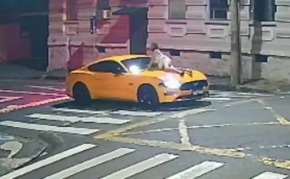 Foto mostra Mustang andando com mulher no capô por Ponta Grossa