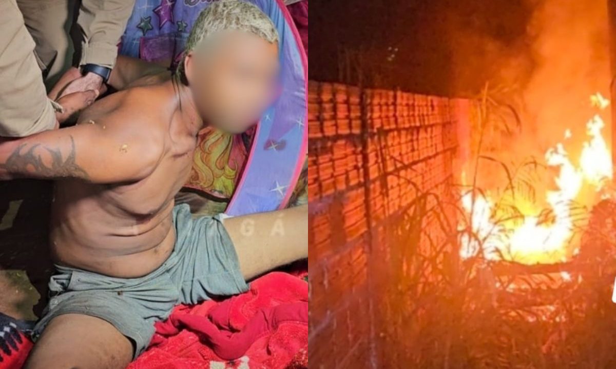 Homem sendo preso ao lado de casa incendiada