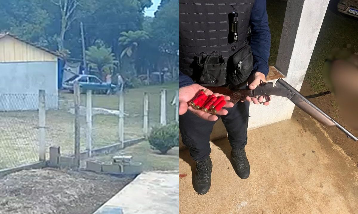 colagem com fotos do local onde a mulher matou o ex a tiros e foto da arma utilizada