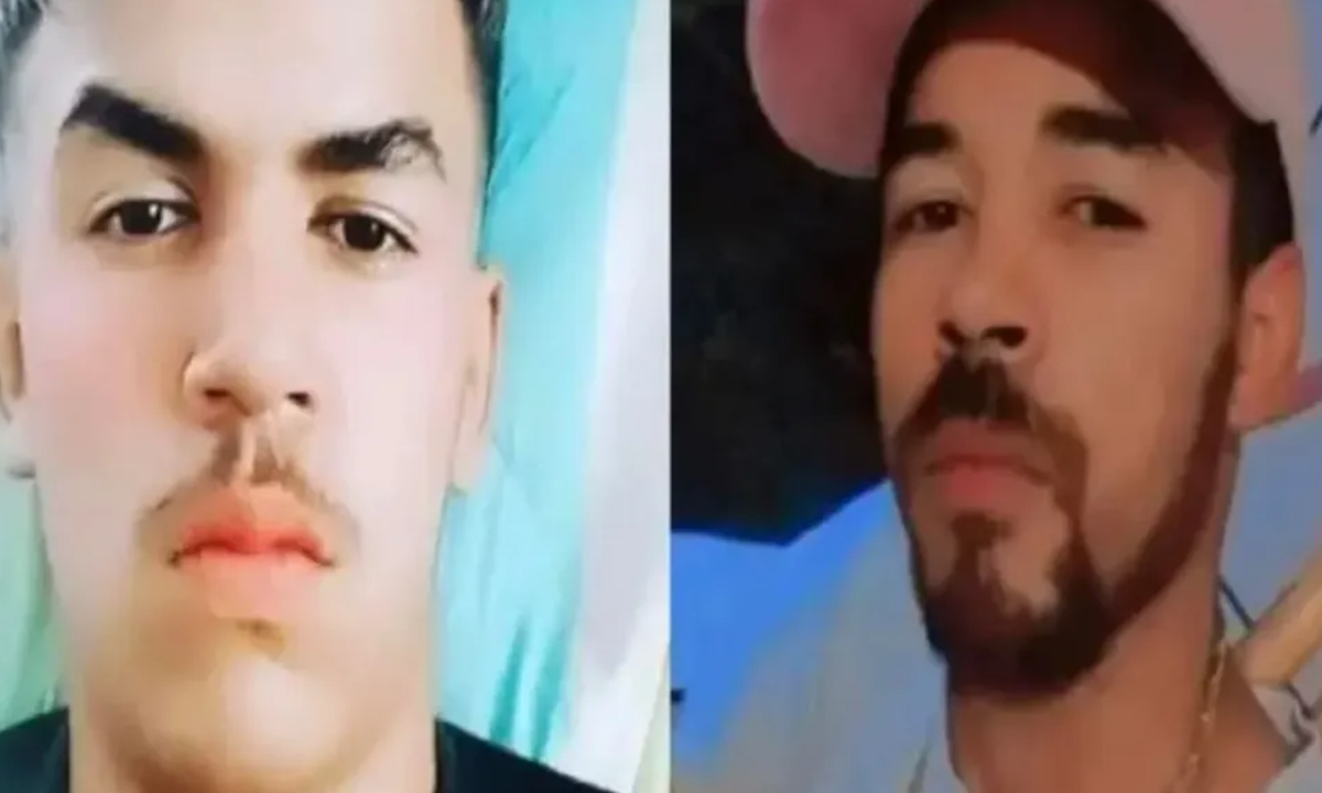Imagem mostra rostos de dois homens, em fotos divididas, que foram mortos por motorista de aplicativo após confusão. Ambos tem bigode ou barba e um deles usa boné.