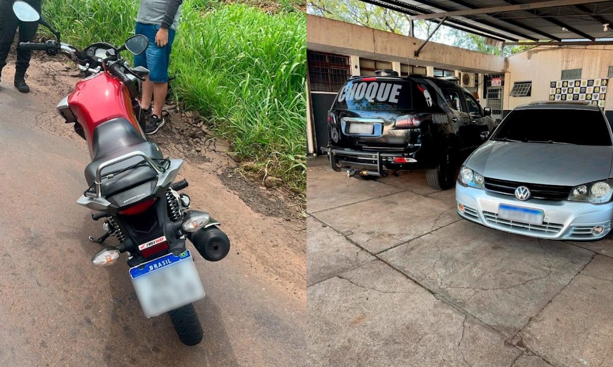 Colagem de duas fotos mostra uma moto e um carro apreendido pela polícia durante operação.