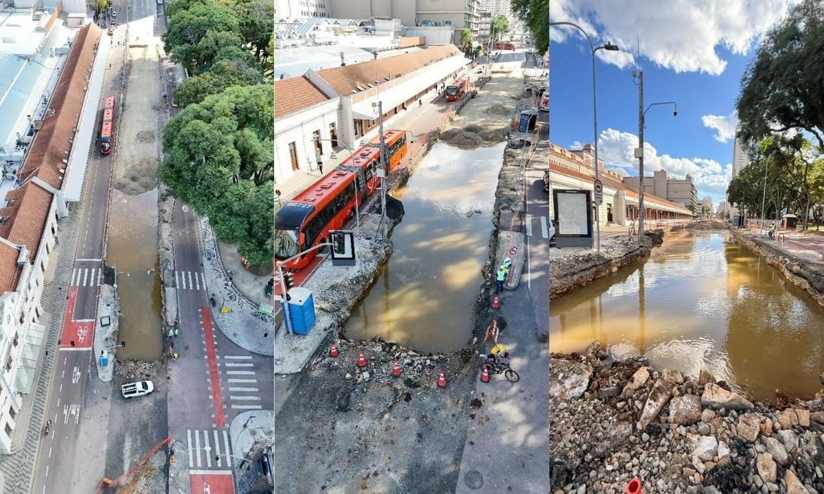 Imagens aéreas mostram o piscinão formado nas obras da Praça Eufrásio Correia, em Curitiba