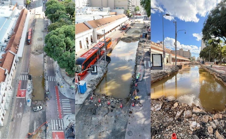Imagens aéreas mostram o piscinão formado nas obras da Praça Eufrásio Correia, em Curitiba