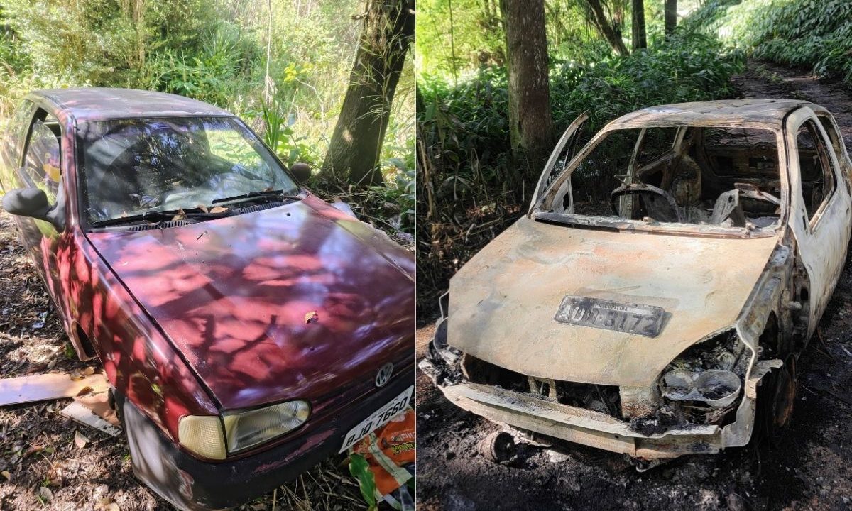 Duas imagens de carros incendiados, lado a lado. Eles foram encontrados em Almirante Tamandaré e podem ter ligação com crimes