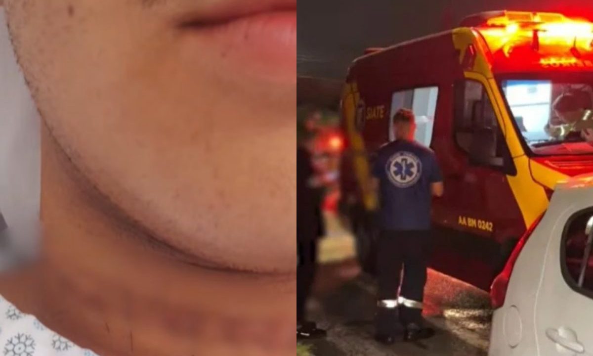 Adolescente que teve pescoço cortado em escola de Pinhais no hospital e sendo atendido por Samu.