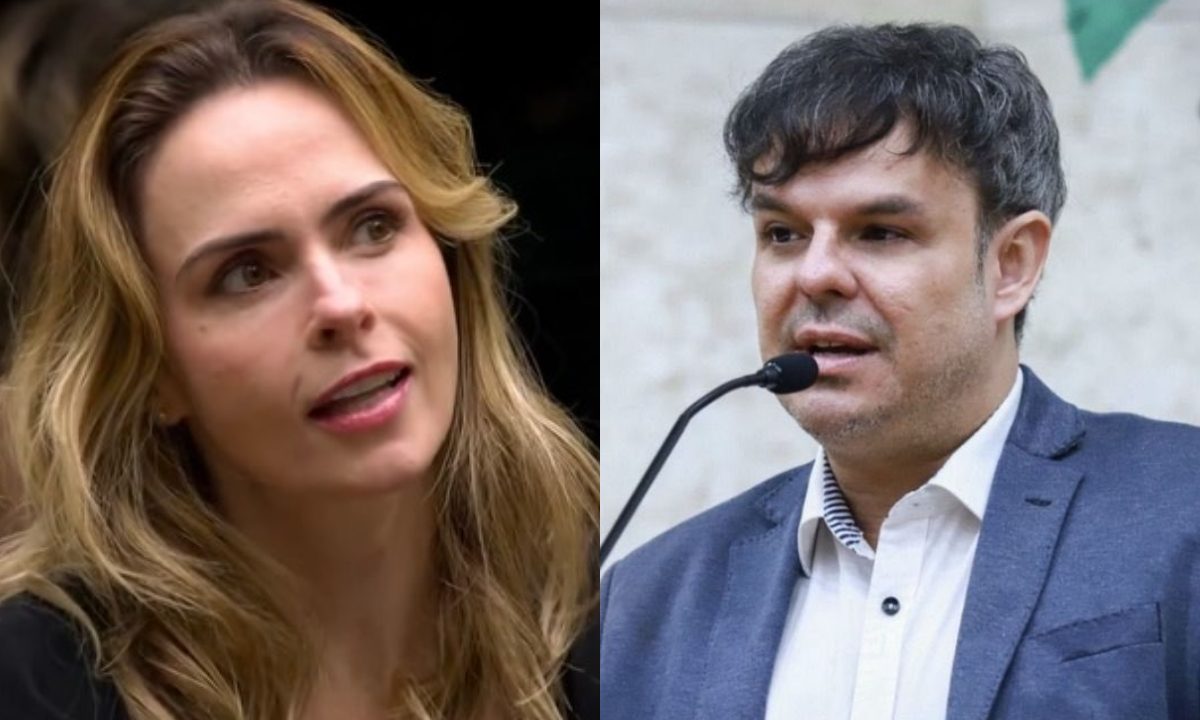 Imagem dividida mostra, à esquerda, a participante do BBB Ana Paula Renault falando, e à direita, o vereador de São Paulo Adrilles Jorge discursando no plenário da câmara, alvo de processo da sister.