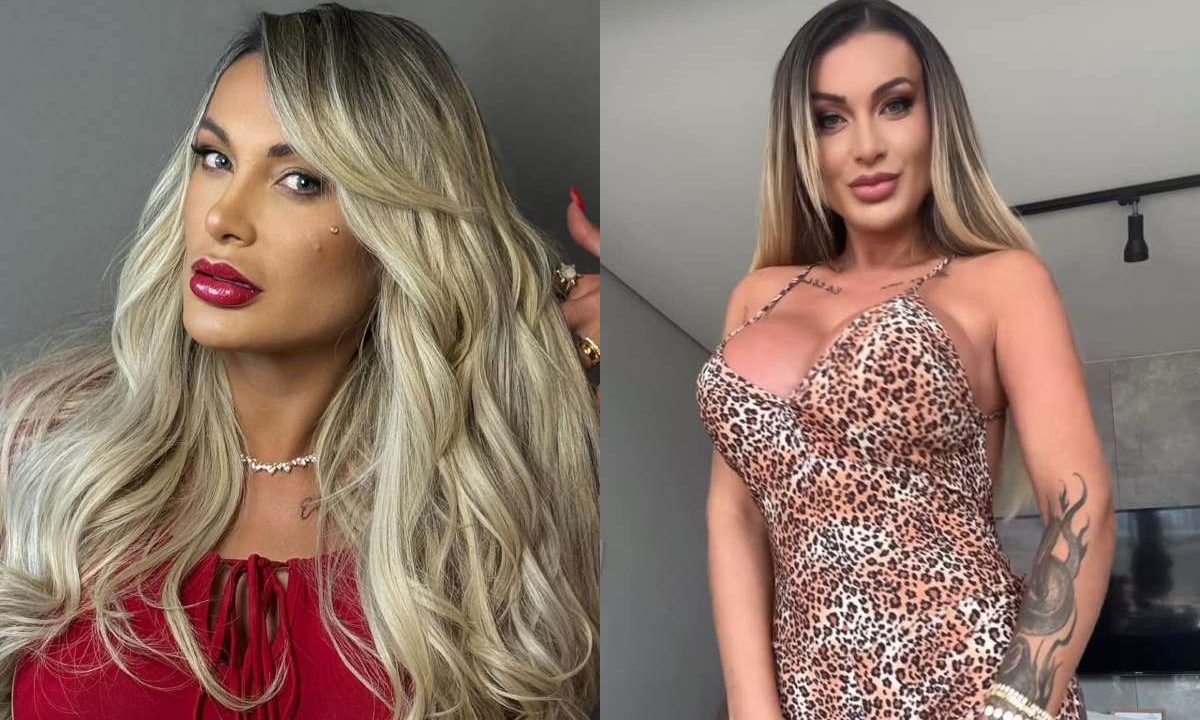 Fotos da influenciadora Andressa Urach; na esquerda ela aparece com o cabelo no rosto; na direita, ela aparece em pé com roupa estampada