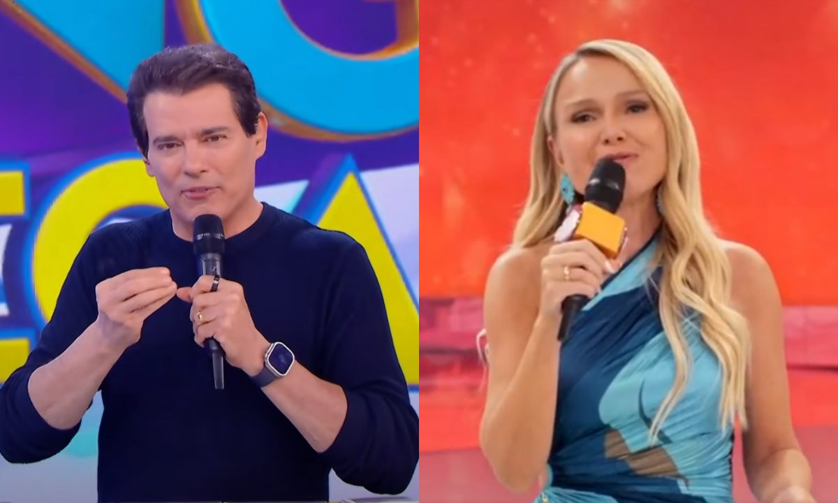 A imagem em tela dividida mostra os apresentadores Celso Portiolli e Eliana. O primeiro veste um suéter escuro, tem cabelos castanhos e segura um microfone. Eliana é loira, usa um vestido azul e segura um microfone.