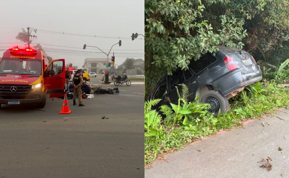 colagem de fotos da colisão entre carro e moto em colombo. na esquerda aparece a foto do local do acidente e à direita o carro que bateu na árvore