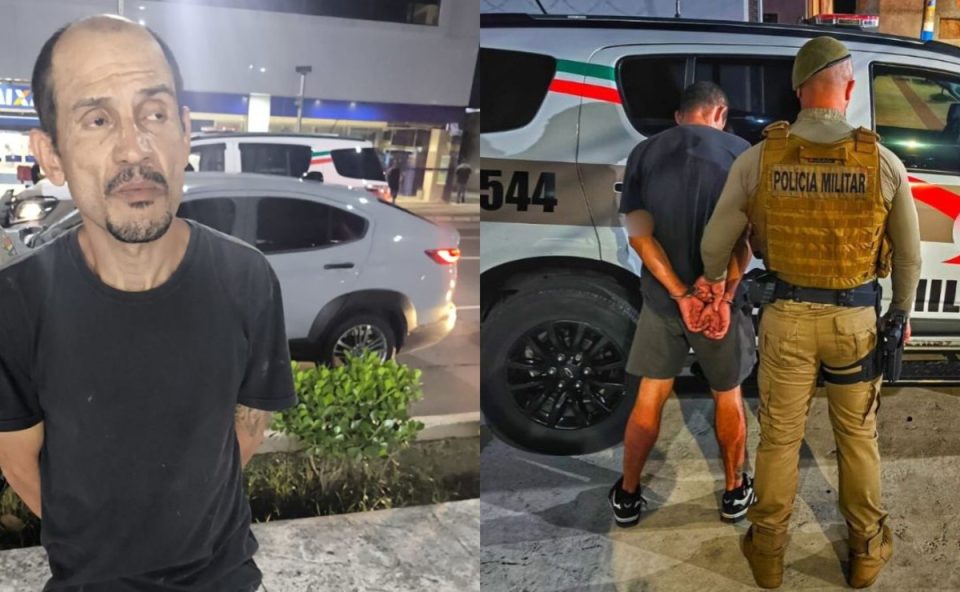 Colagem de duas fotos mostra homem, de 44 anos, suspeito de matar filha bebê e o próprio irmão, sendo preso por policiais militares