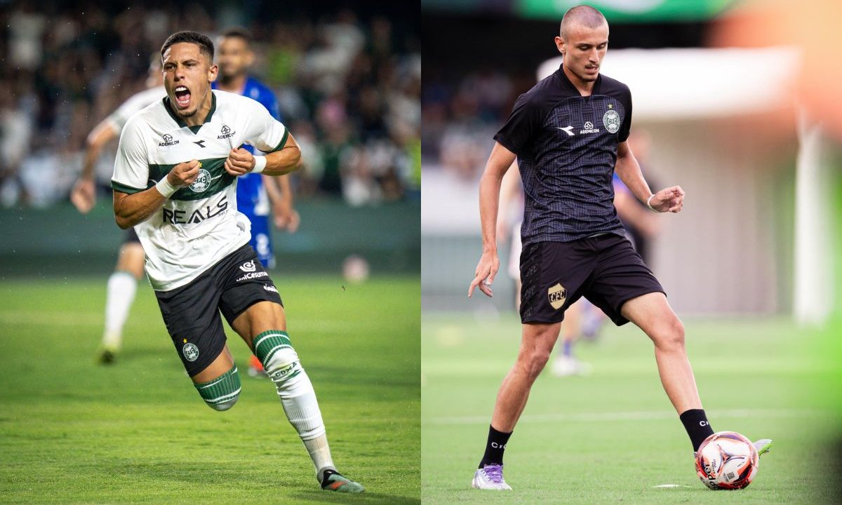 Jogadores do Coritiba emprestados ao Independiente Del Valle, Brayan Gravelo e Lucas Pérez, aparecem em montagem: à esquerda, atleta comemora correndo em campo com uniforme branco; à direita, jogador treina com bola usando uniforme preto em gramado.
