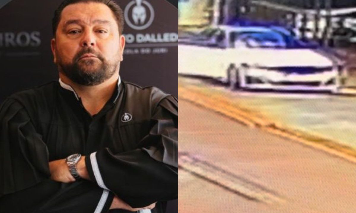 colagem de foto do dalledone e câmera de segurança do momento em que o suspeito foge do local. empresário foi morto a tiros