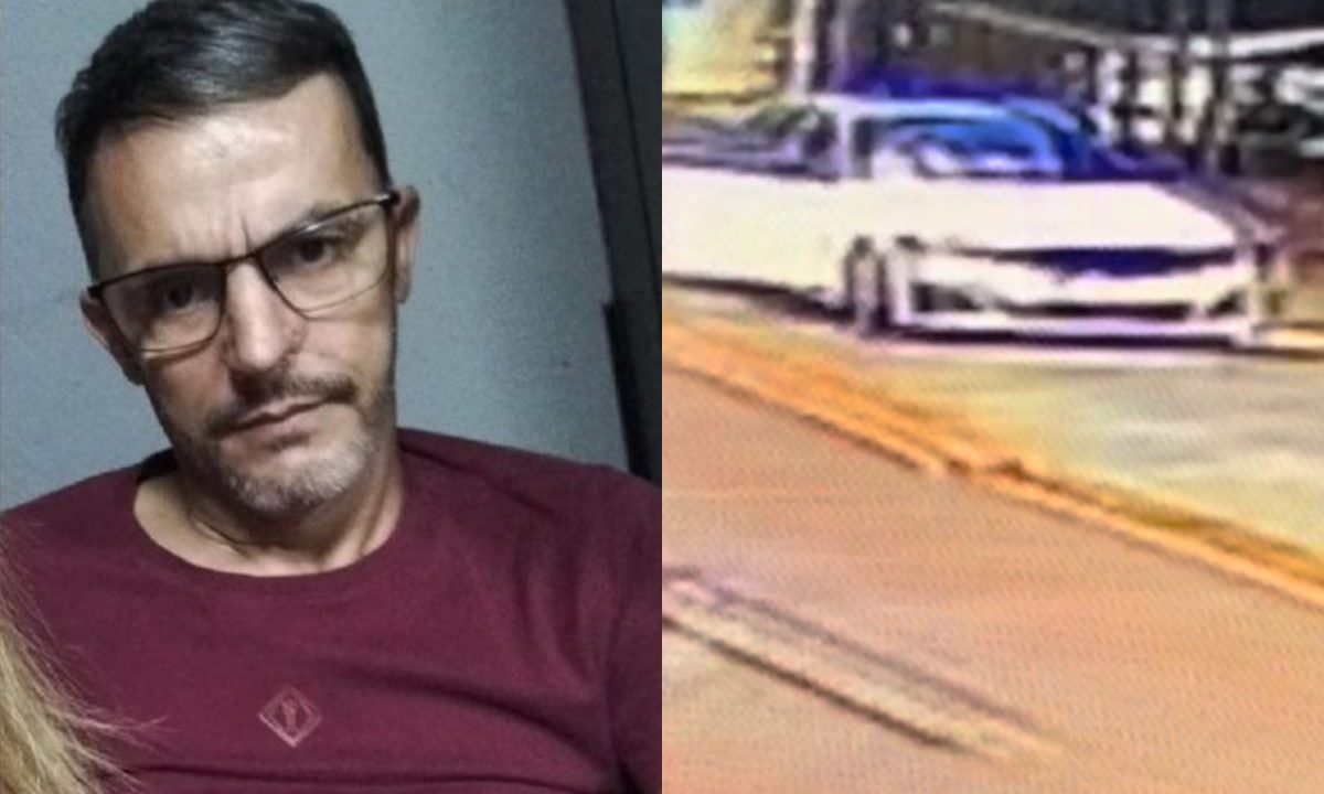 colagem com foto do empresário morto e foto do carro dos suspeitos na frente da loja de carros onde pai e filho foram mortos