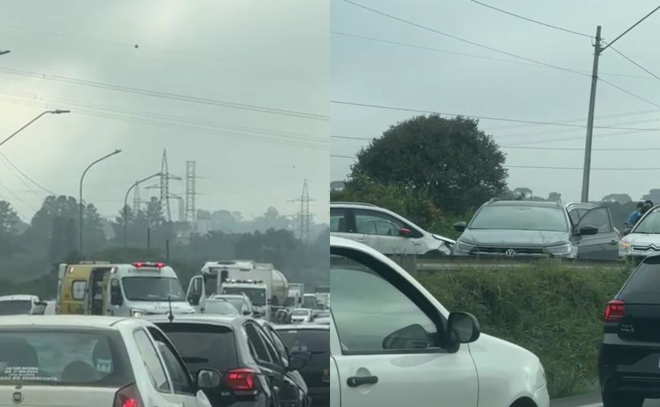 colagem de fotos do engavetamento entre seis carros na BR-476 