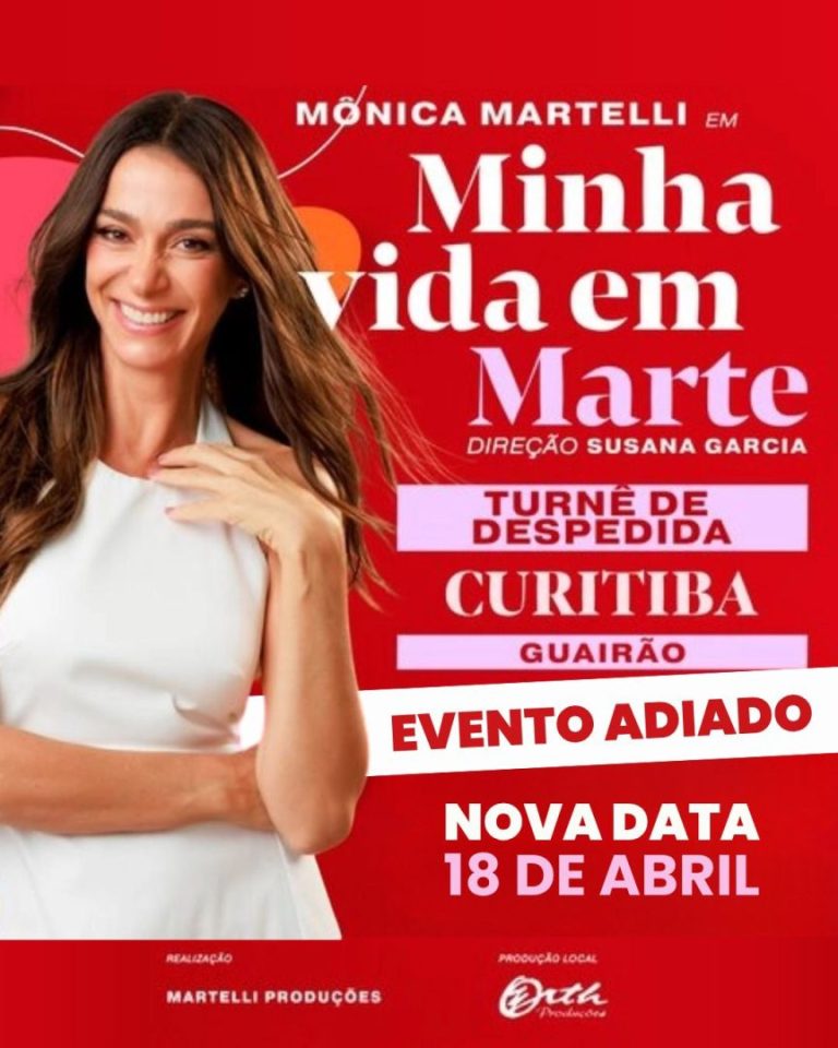 cartaz informando o adiamento do espetáculo minha vida em marte com monica martelli em curitiba
