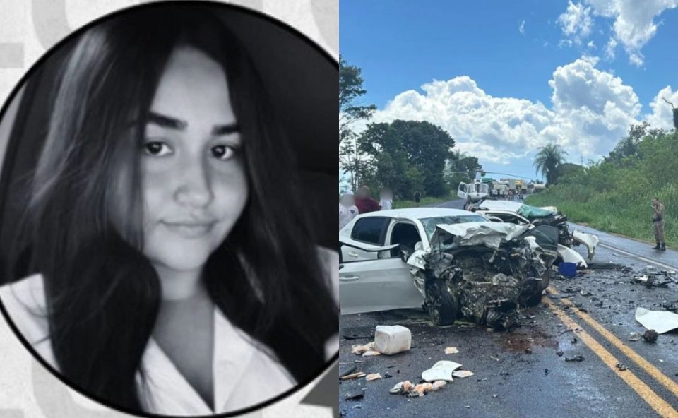 colagem de fotos da estudante que morreu na colisão frontal na BR-376. na direita aparece a foto do local do acidente