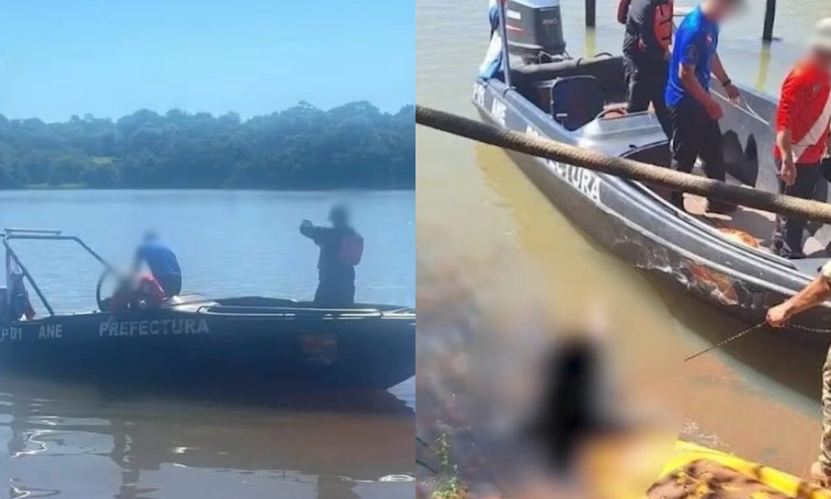 Corpo encontrado em lago no Paraguai é apontado como de quarto suspeito de falsa operação do Gaeco. Imagem mostra momento em que encontram o corpo. Aparece um barco e pessoas perto do corpo boiando.