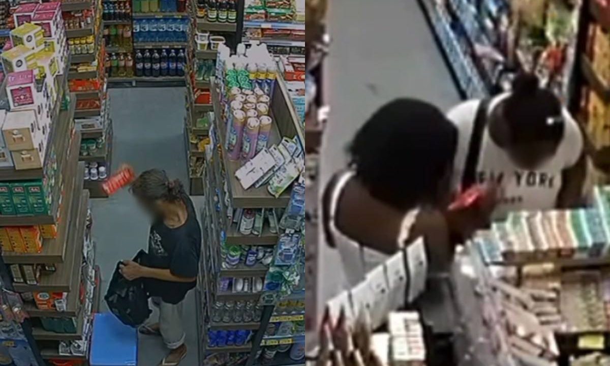 Frames de câmera de segurança que registraram série de furtos em mercado de Curitiba; nas imagens, um homem e duas mulheres aparecem com produtos nas mãos