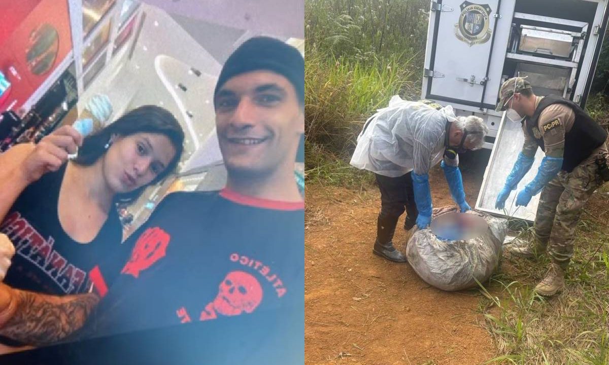 Foto da esquerda mostra casal que confessou ter matado idoso e foto da direita mostra policia recolhendo pedaços do corpo
