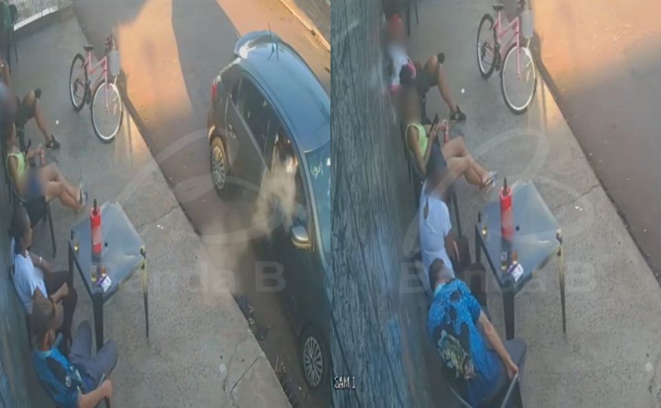 colagem de fotos do momento em que o homem é baleado devido a uma dívida de carro em Paiçandu
